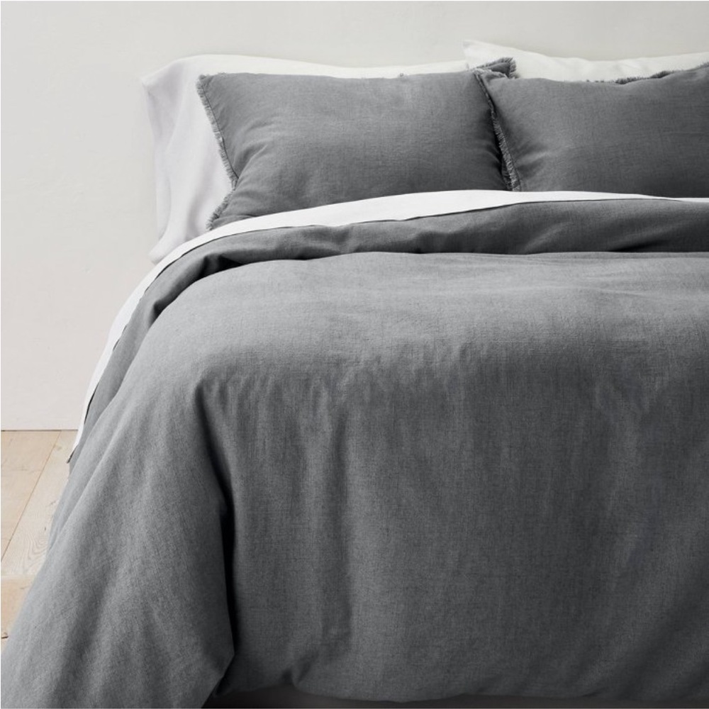CASALUNA NWT 3pc heavyweight linen blend duvet & sham set -dark gray -full/queen